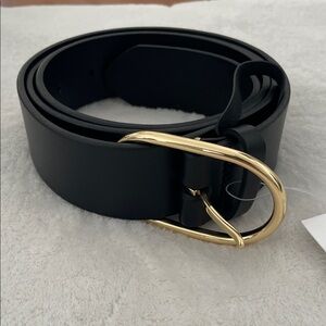 J. Crew Black Leather Belt with Gold Teardrop Buckle